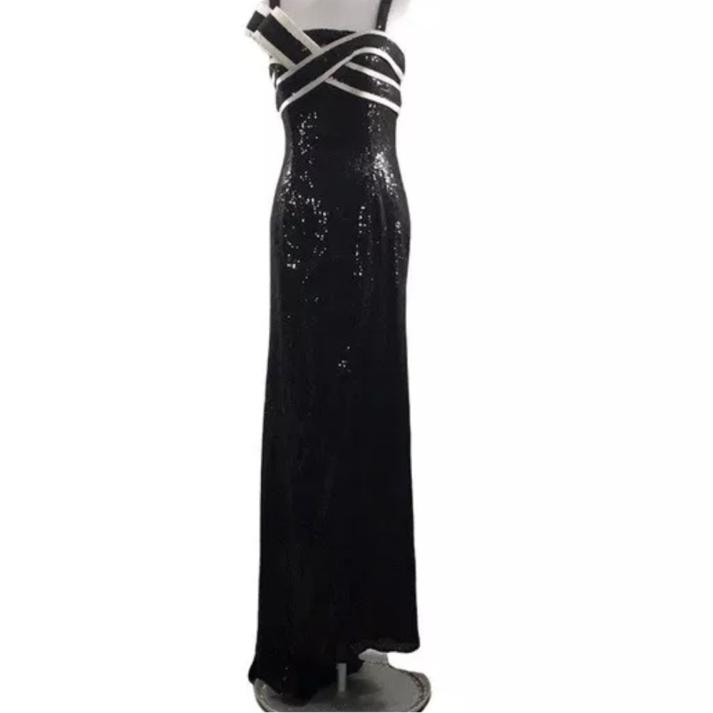 Sherri Hill Black White Sequin Long Formal Prom Strapless Dress w/ Train 10